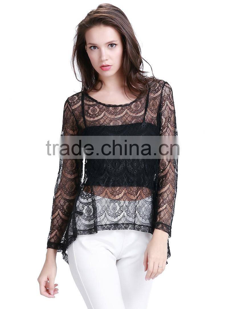 Women's new style black sexy lace short front long back wavy strip two piece shirt