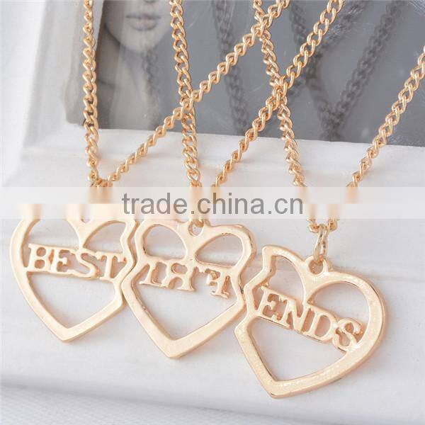 New Fashion Necklace Link Curb Chain Light Golden Tri-Heart Message " BEST FRIENDS " Hollow Pendants 51.5cm long
