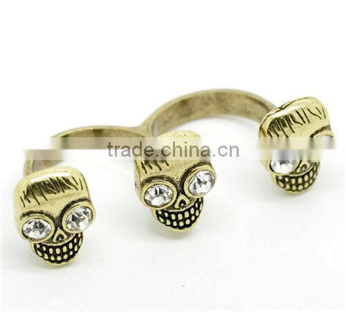 5PCs Antique Bronze Rhinestone Halloween Skull Open Two Fingers Double Rings 18.3mm