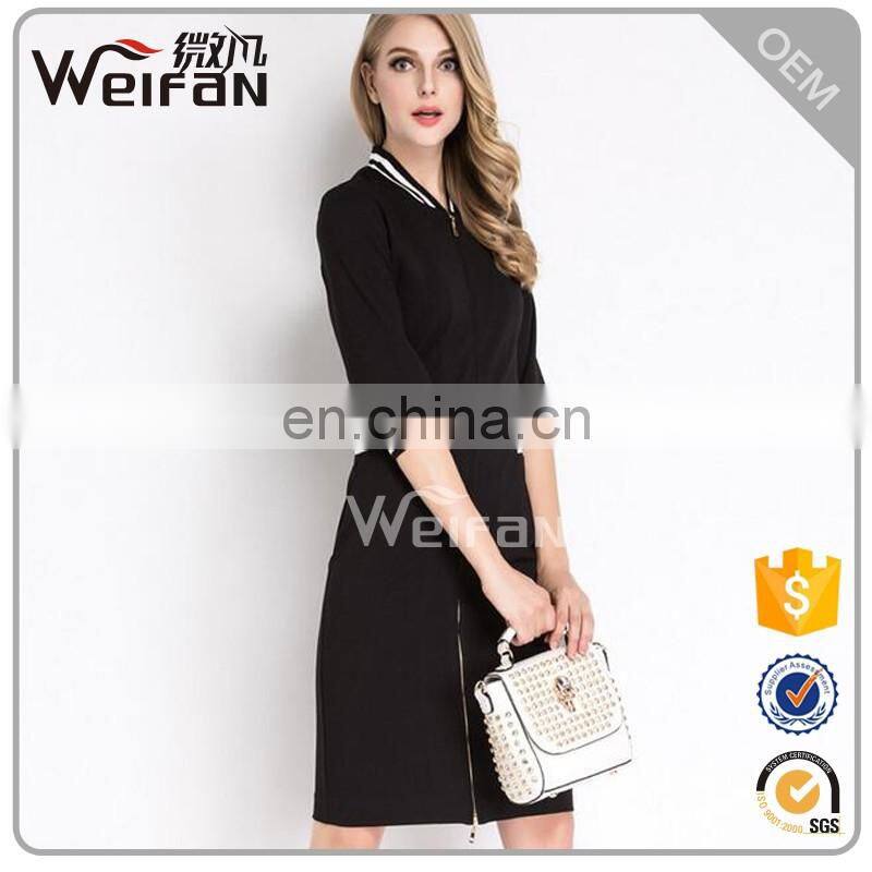 2016Half Sleeve Zipper Slim Women One-Piece Dress Black And White Striped Ladies Jacket Evening Dresses