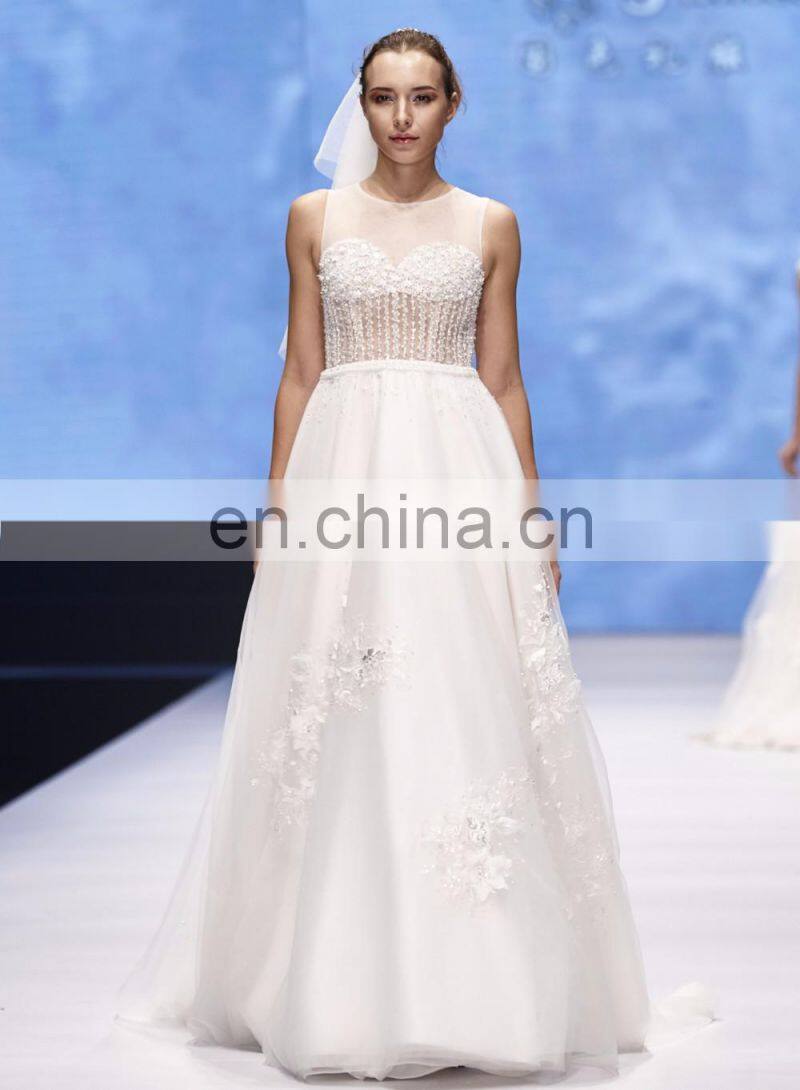 2017 P0002 White color strapless net fabric beaded grace wedding dresses P0017