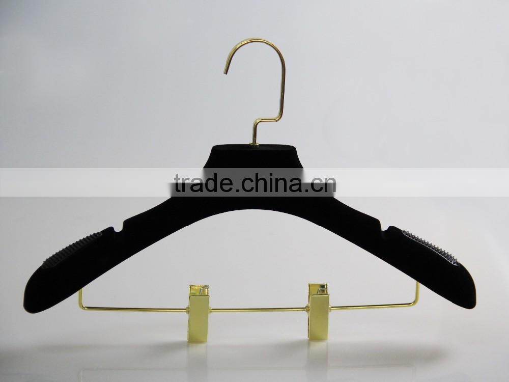 Black nonslip velvet flocked hanger with logo and gold hook for coat