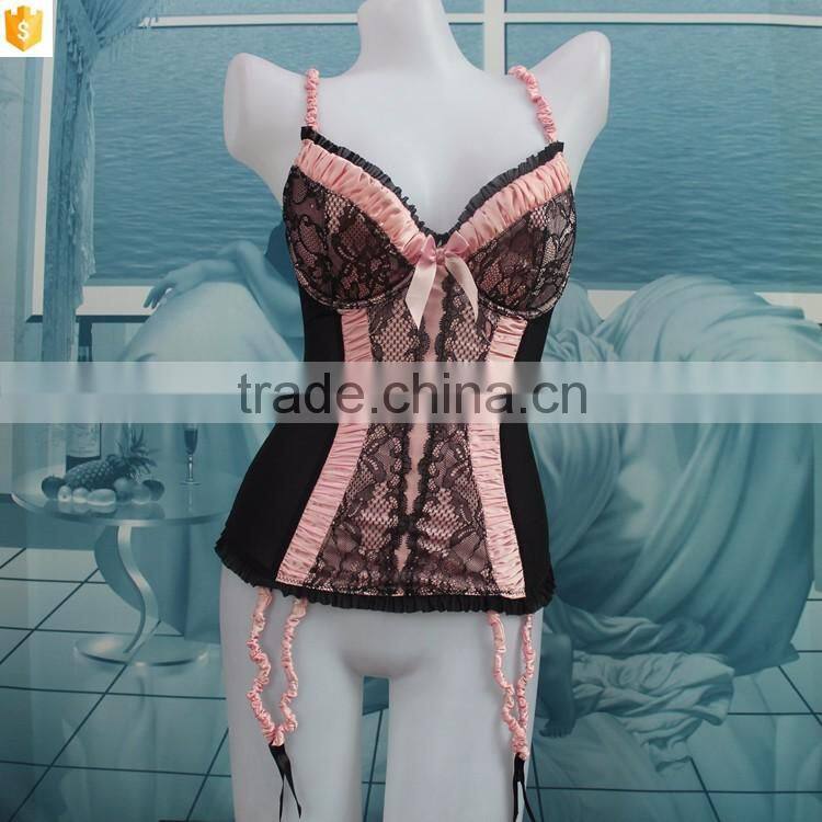 Wholesale women Shapewear, black lace pink bow sexy corset