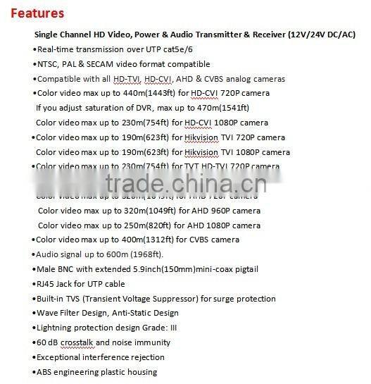Single Channel Passive HD Video, Power & Audio Transmitter & Receiver ,Compatible with all HD-TVI, HD-CVI, AHD & CVBS cameras