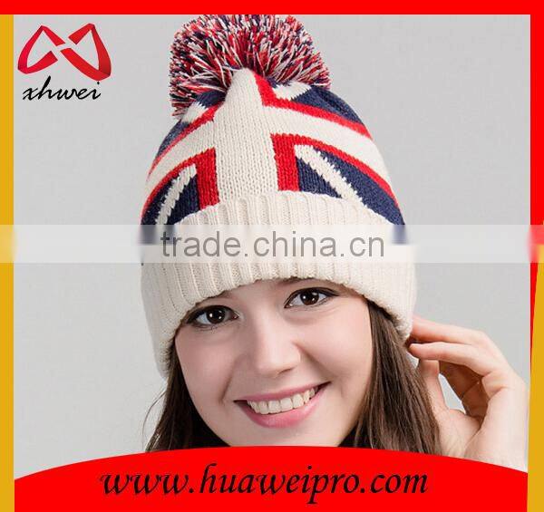 British national flag knitted beanie with pom poms and top ball