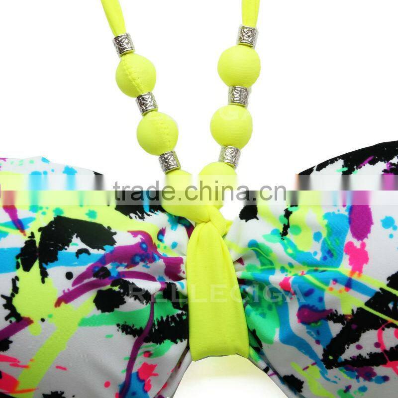 RELLECIGA Bandeau Bikini Series - Doodle Print 1/2 Cup Bandeau Top Girls Swimwear Bikini Neon Yellow Ties at Neck and Pearlish D