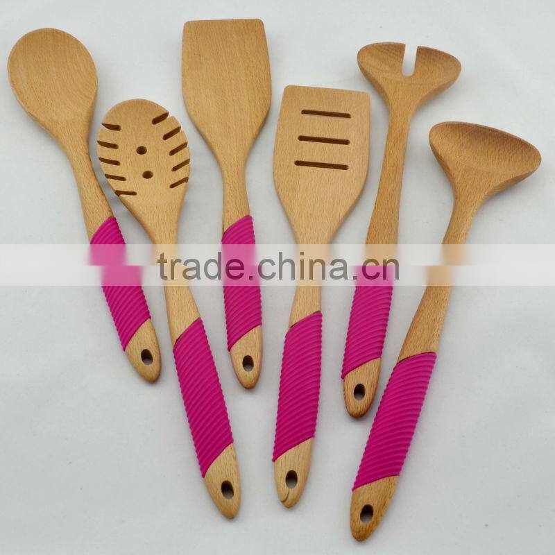 2014 popular cute beech wood kitchen utensil with silicone grip
