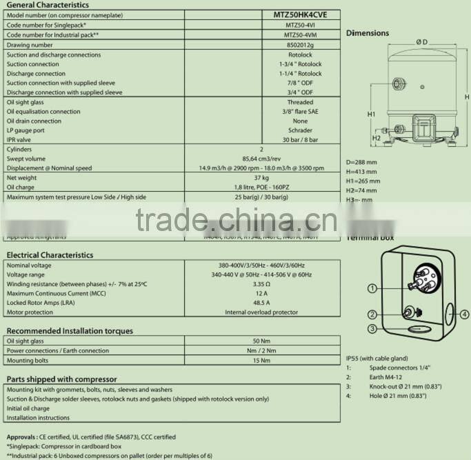 Good performance piston refrigeration Maneurop compressor MTZ50