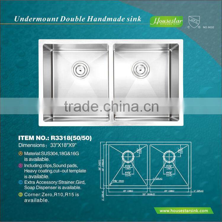 cUPC Certificate Handmade Double Drainer Stainless Steel Kitchen Sink For America 3219