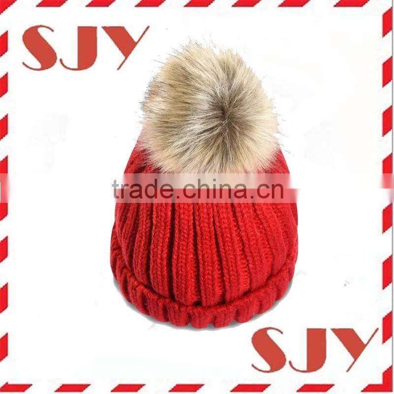 Women's Faux Fur Pom Pom Fleece Lined Knitted Slouchy Beanie Hat