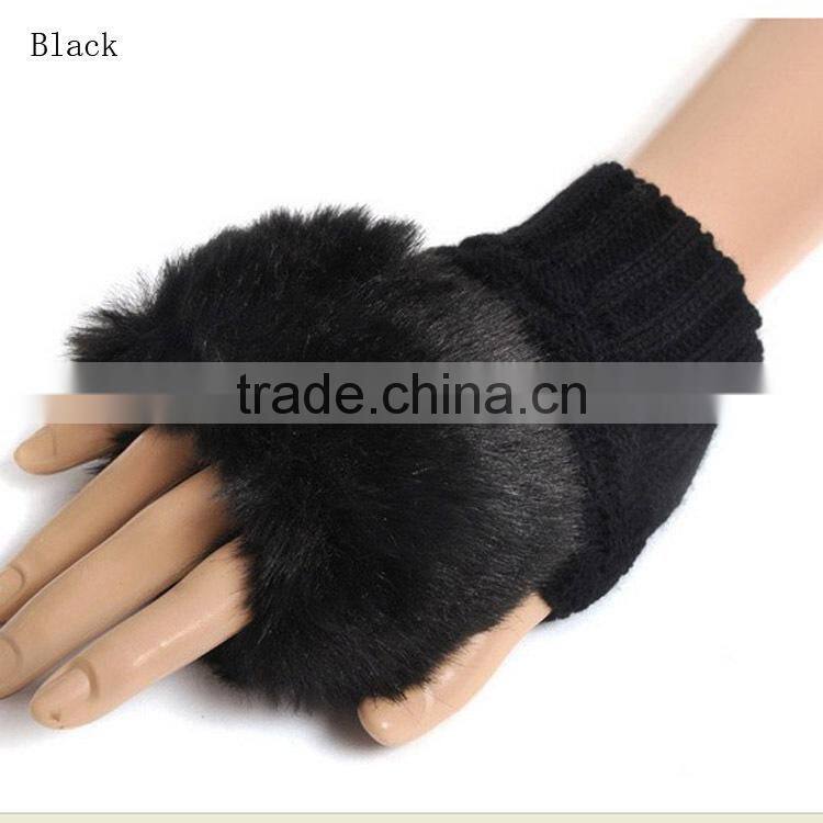 Fashion Cute Faux Rabbit Fur Hand Winter Warmer Knitted Fingerless Gloves Mitten Wholesale