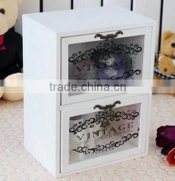 2016 Mediterranean style white printing flowers glass wooden container wood storage box jewelry cabinet