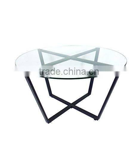 Made in China metal type living room furniture round shape glass top table with folding metal frames