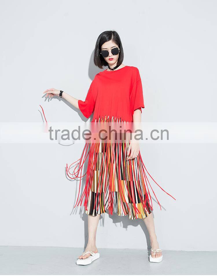 Guangzhou clothing OEM o neck half sleeves black long tassels tshirt