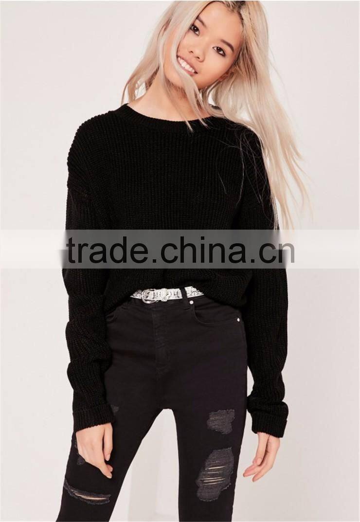 Custom Label Women Plain Black Knitwear With Drop Shoulder Loose Sweater Turn Back Cuff Cropped Jumper Black