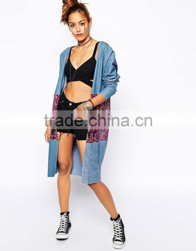 Milk It Vintage Mixed Denim Floral Longline Kimono Jacket