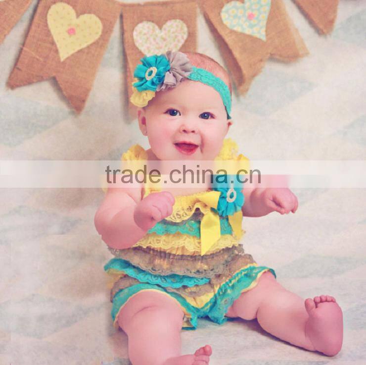 Factory cheaper wholesale colorful baby boutique lace romper kids clothing wholesale 2015 baby petti rompers
