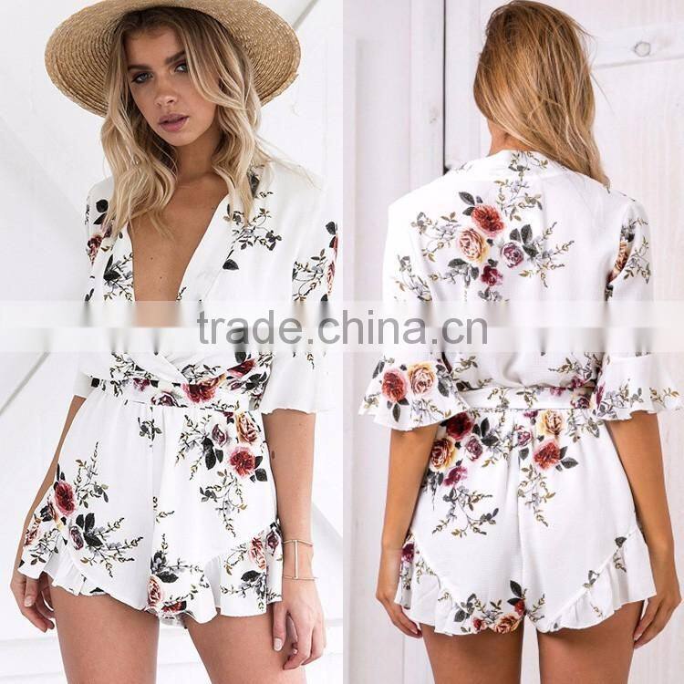 2017 new chiffon white chiffon romper , women floral jumpsuits