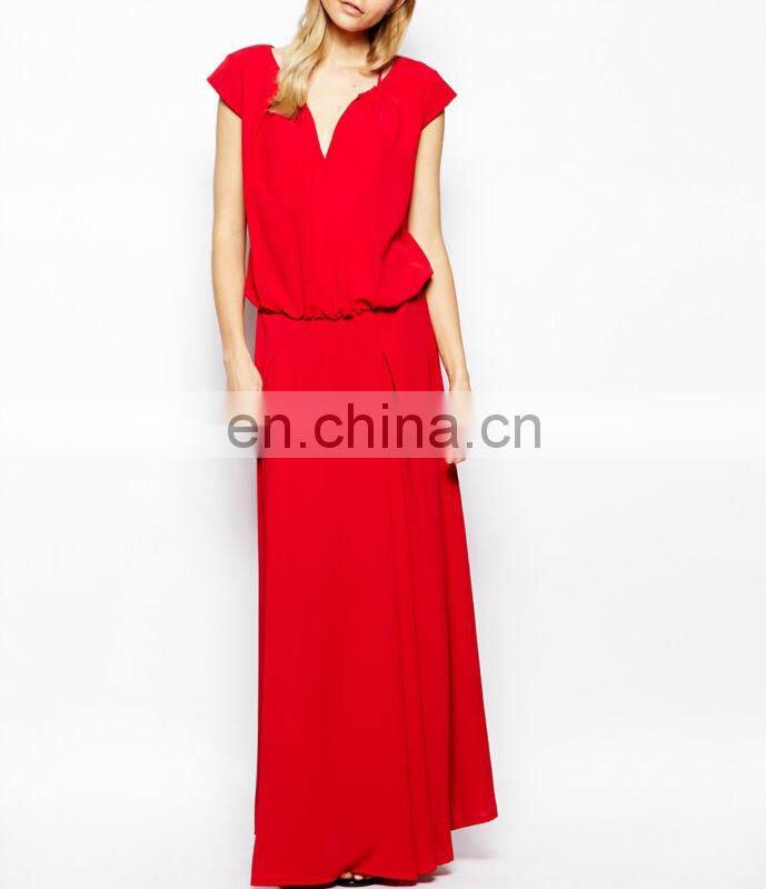 CHEFON Lace Up Detail Red Maxi Dress
