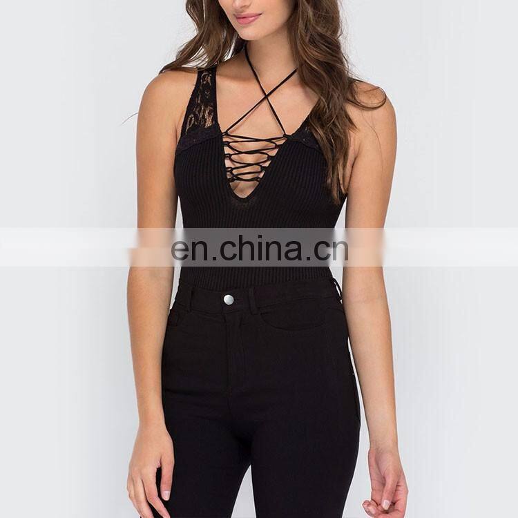 Wholesale Black Stripe Neckline Women Tight Bodysuit
