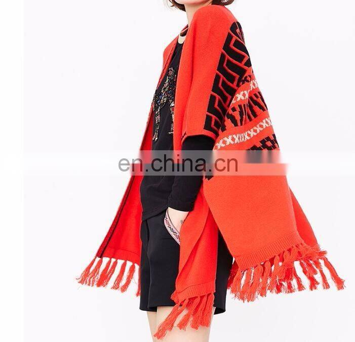 Red color New fashion computer knitted fringe poncho women