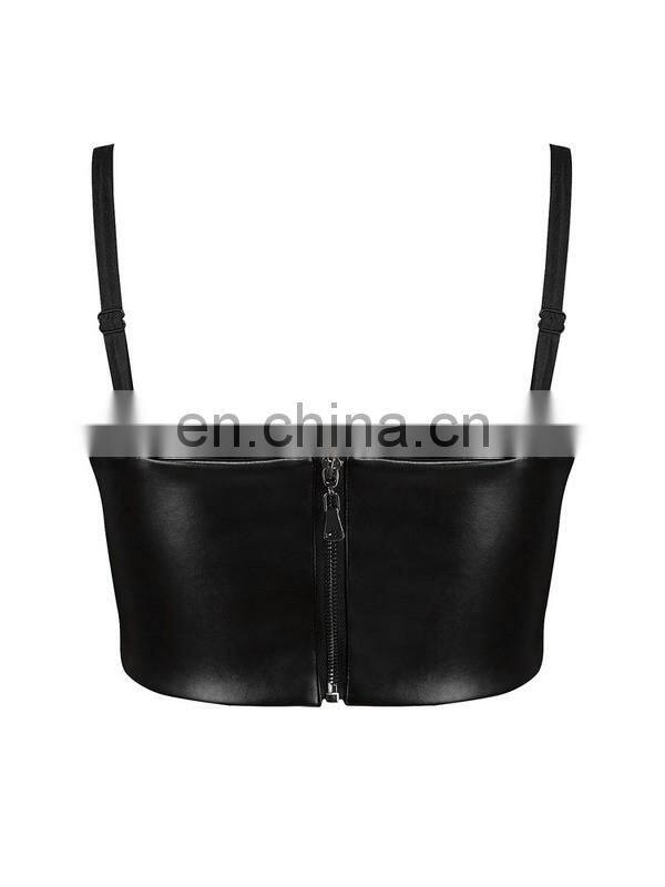 Amigo 2017 new design Black strap sexy leather crop top for big boobs women