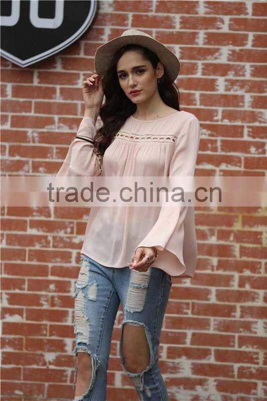 Bell Sleeve Round Neck Shirts Casual Tops Women Sexy Brand Fashion Beach Wear Summer Clothing Ladies Loose Eyelet Blouse B005