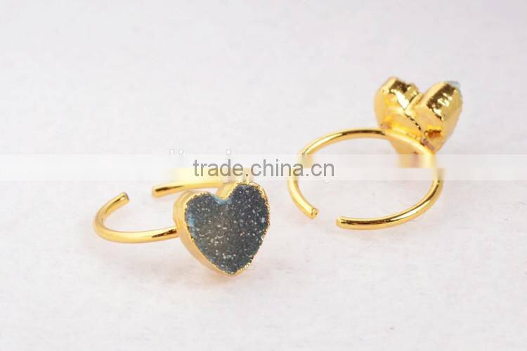 Gold plated natural rainbow heart druzy agate stone adjustable knuckle ring