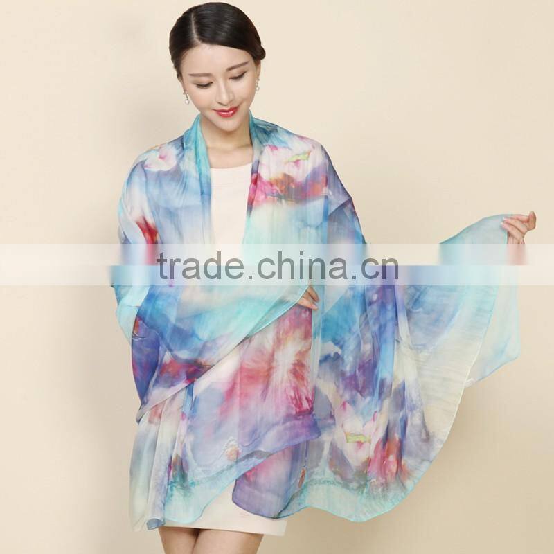 high quality scarf wholesale lady's elegant digital printed silk scarf, hangzhou silk chiffon scarves and shawls china
