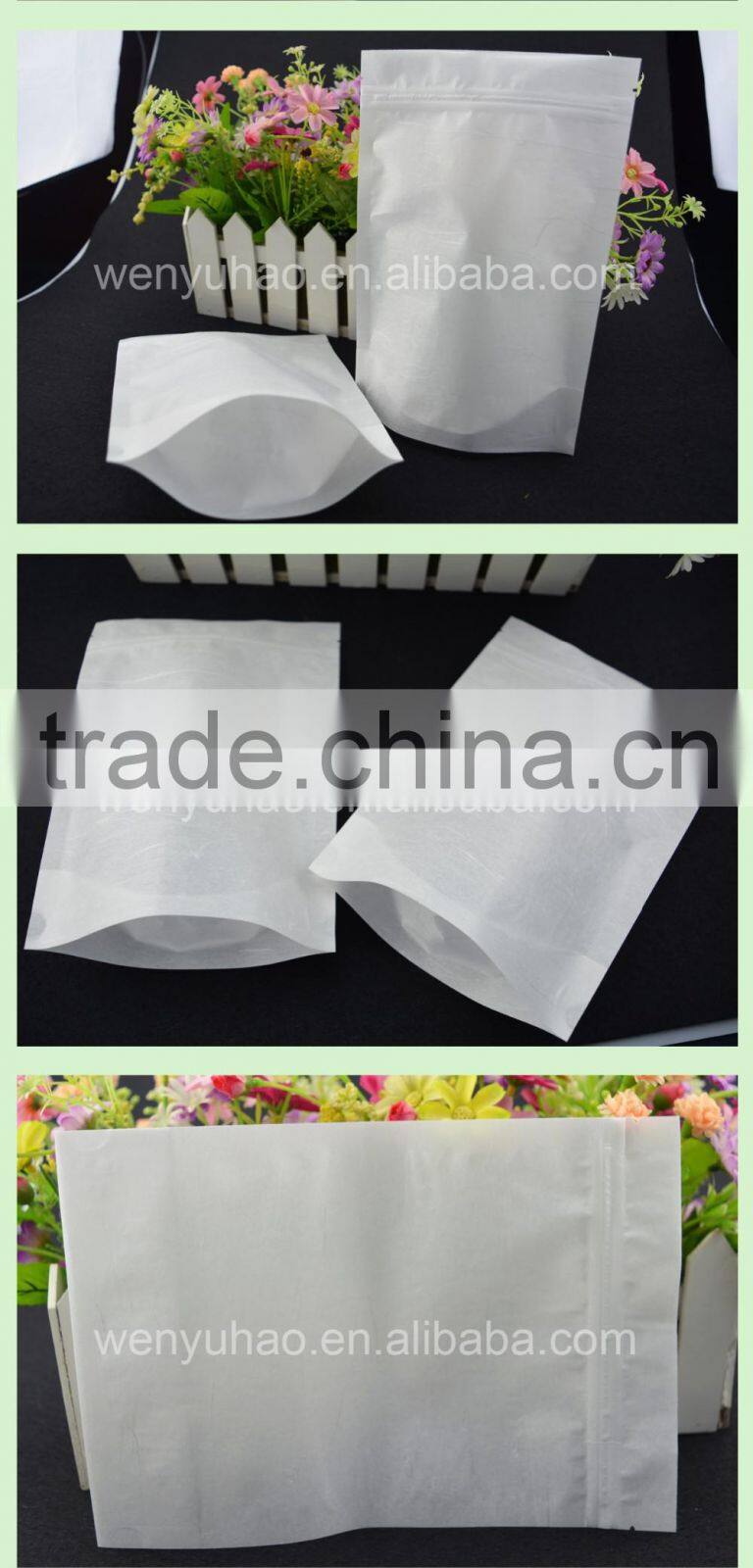 Pe Inside Resealable Food Storage Stand up Zipper Snack white Paper Packaging Bags with Tear Notch