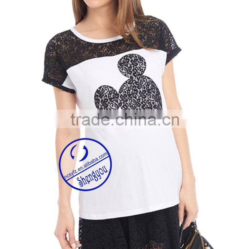 Custom 100% cotton jersey printed short sleeve maternity lace t shirt