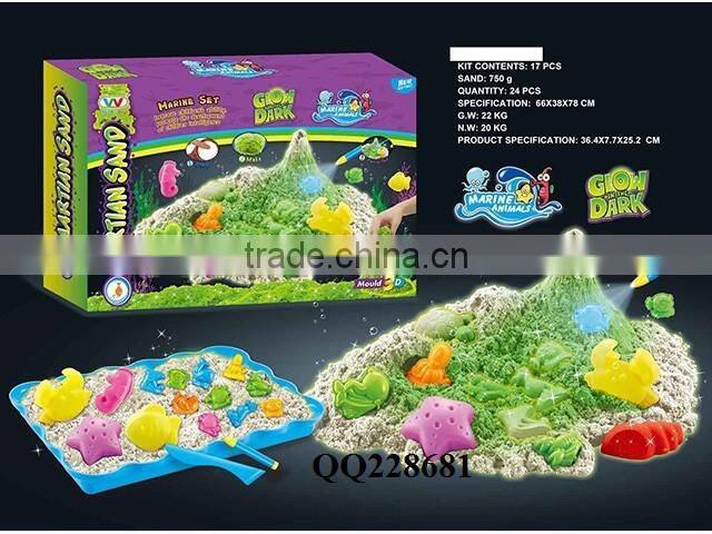 Glow in the dark 750G sand+1pcs sand tray+14pcs sand mold,kids toy sand glow in dark
