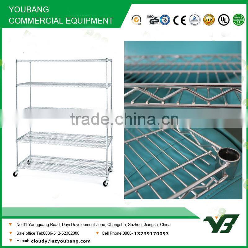 2015 hot sell NSF 150KGS 72x24 inch 5 layer chrome hospital heavy duty wire shelf with wheels (YB-WS019)