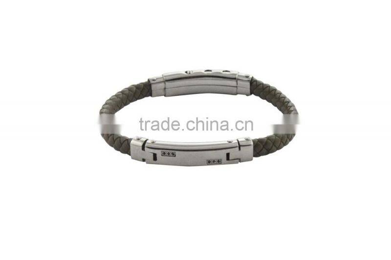 wave genuine leather bracelet with stainless steel can be adjust clasp CNC black CZ