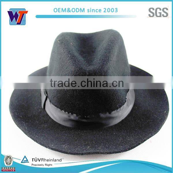 Red satin ribbon band wool felt wide brim fedora hat