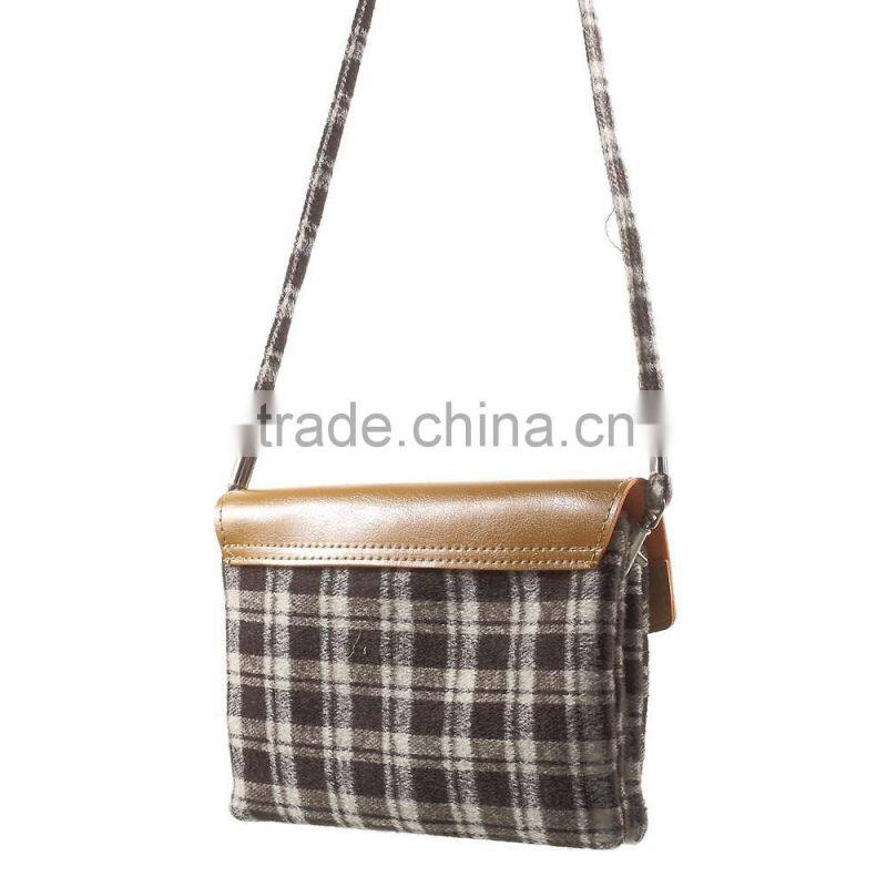Check Pattern Lint and Leather Hybrid Bag for Smart Phones with Strap Size: 19 x 12cm(L x W)