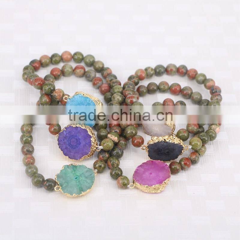 Natural Unakite Stone Beaded Bracelets, Solar Quartz Connector Beads Druzy Gemstone Bracelets