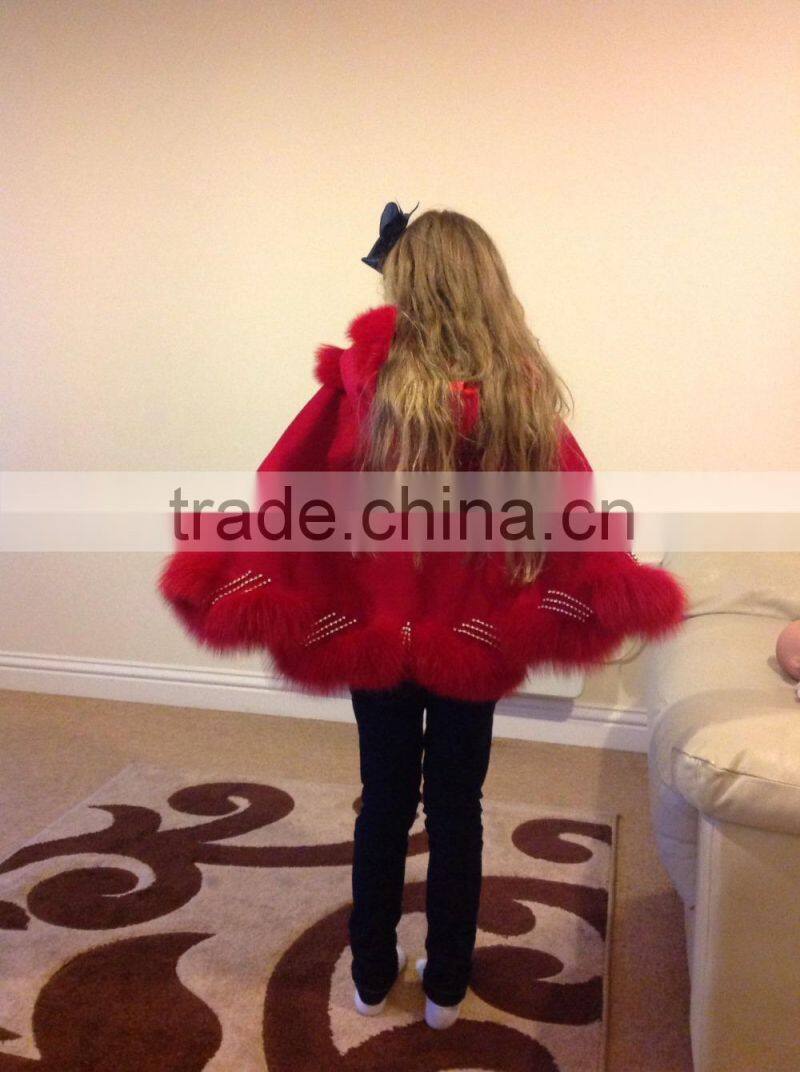 Winter elegant kids women's real fox fur trim with cashmere cape