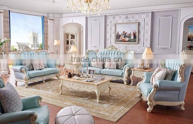 French romantic flower carving blue leather sofa set