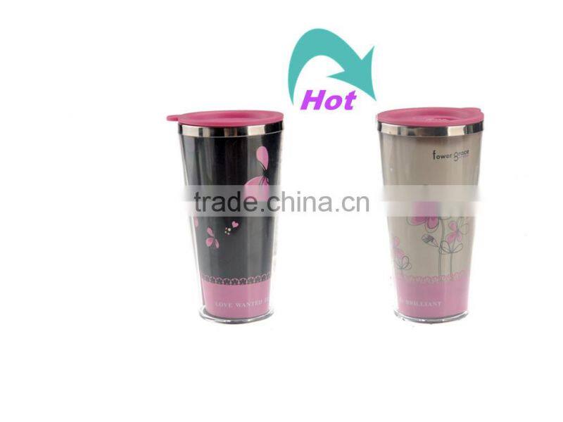 Double-layer Stainless Steel Interior Head sensitive Color changing Mug Cup Coffee Cup with Lid