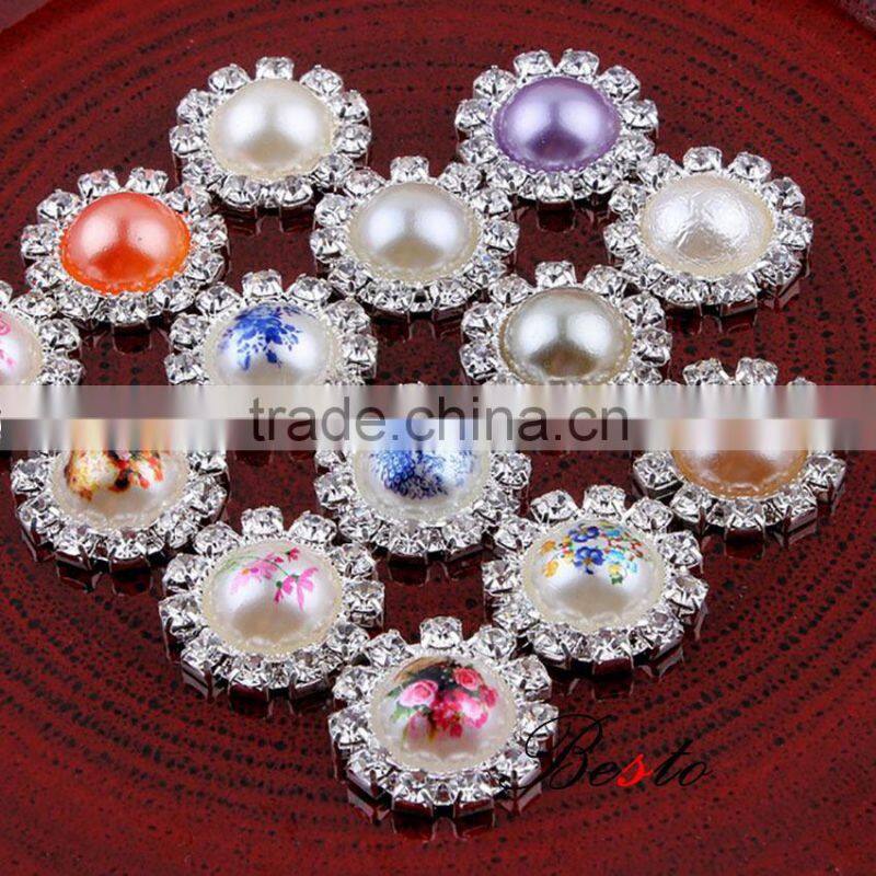 2016 Top fashion flower printed rhinestone around pearl button