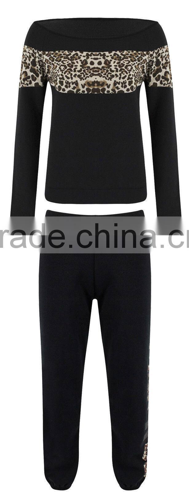 Ladies Leopard Print & Off Shoulder black Tracksuit Jessica Wright Celeb Joggers
