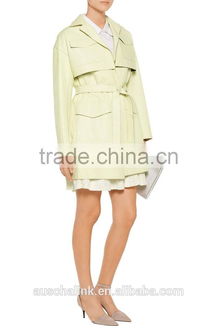 fashion design women light green leather trench coat OEM service