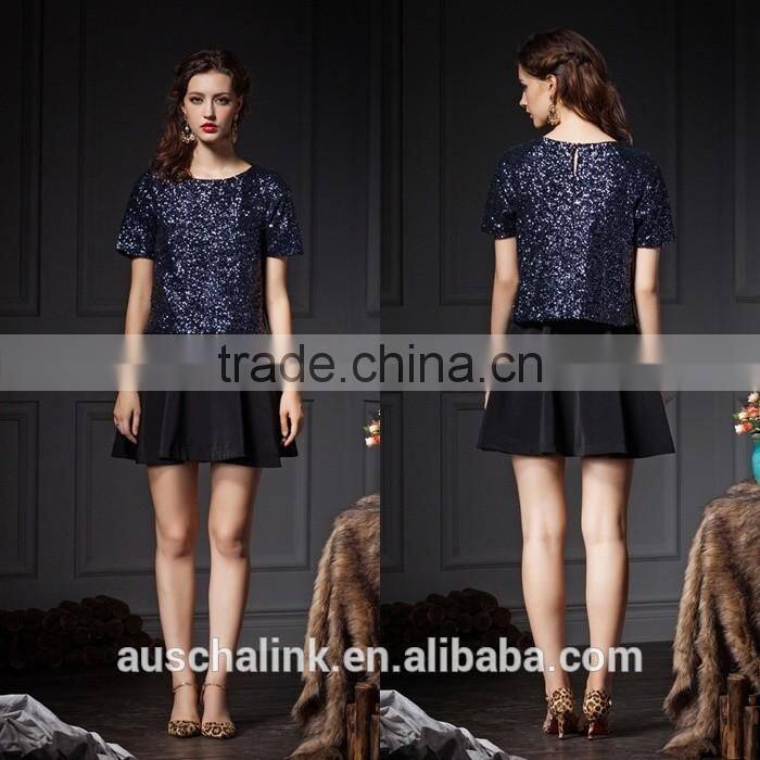 latest design summer hot sequin lady office t shirt low price