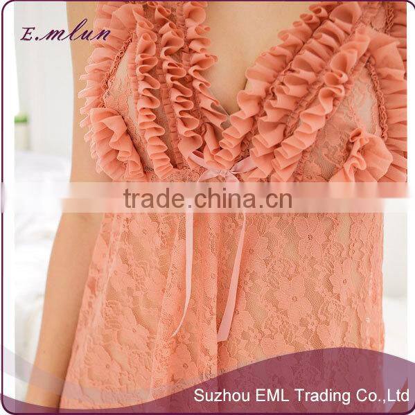 Ladies sexy lace flower transparent intimate sleepwear robe night gown