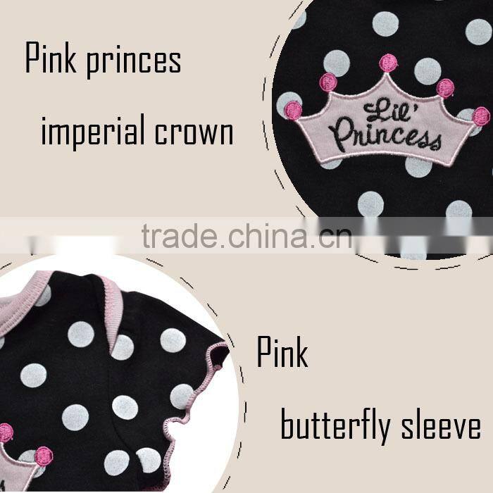 2014 latest dot baby rompers 100% cotton black wave-point snap princess imperial crown rompers