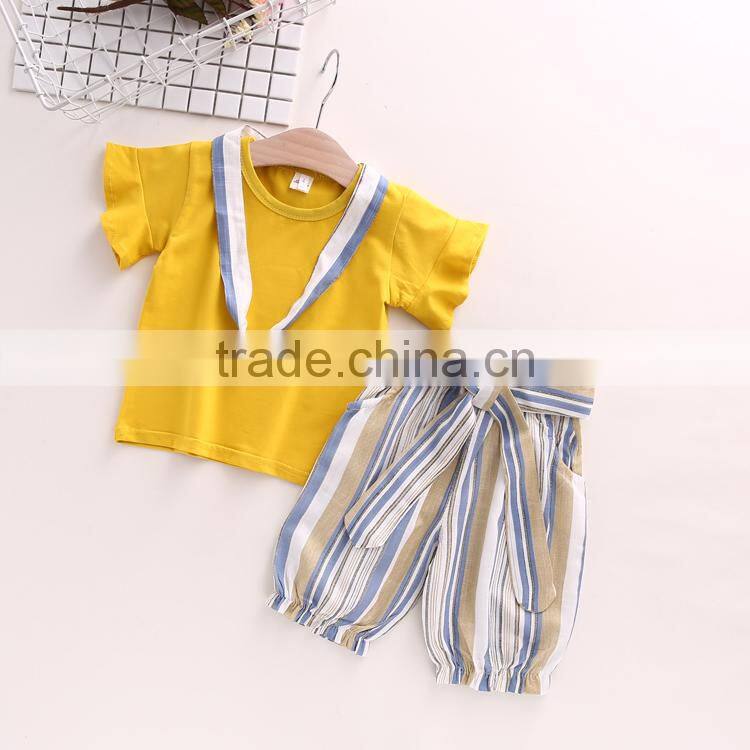 Summer Child clothes set girls clothing flying sleeves round neck t shirt baby striped wide leg pants two piece