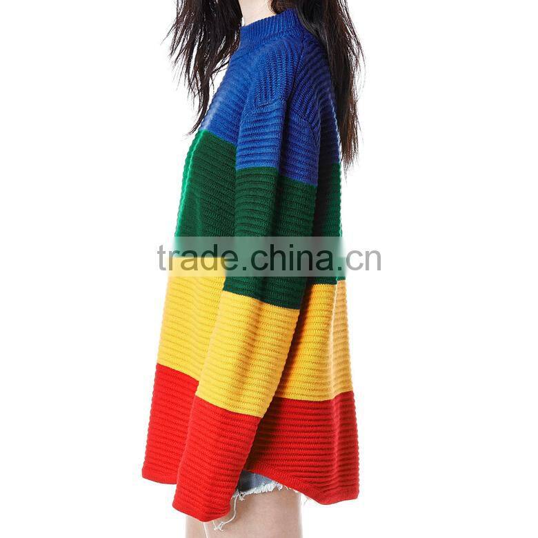 oversize drop shoulder sleeve multi-color block pullover knitted crew neck pattern sweater
