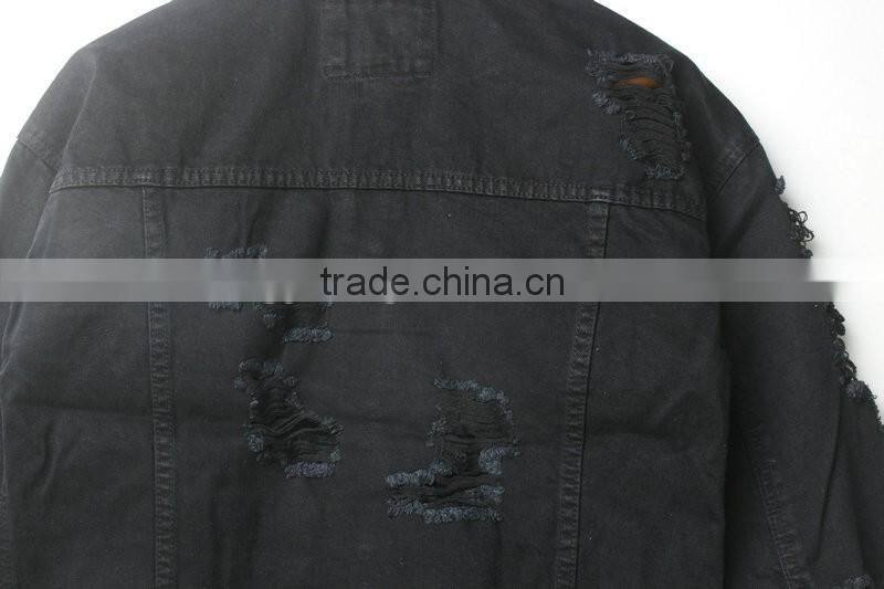 Men's washed distressed cotton/spandex button-up denim jacket with holes