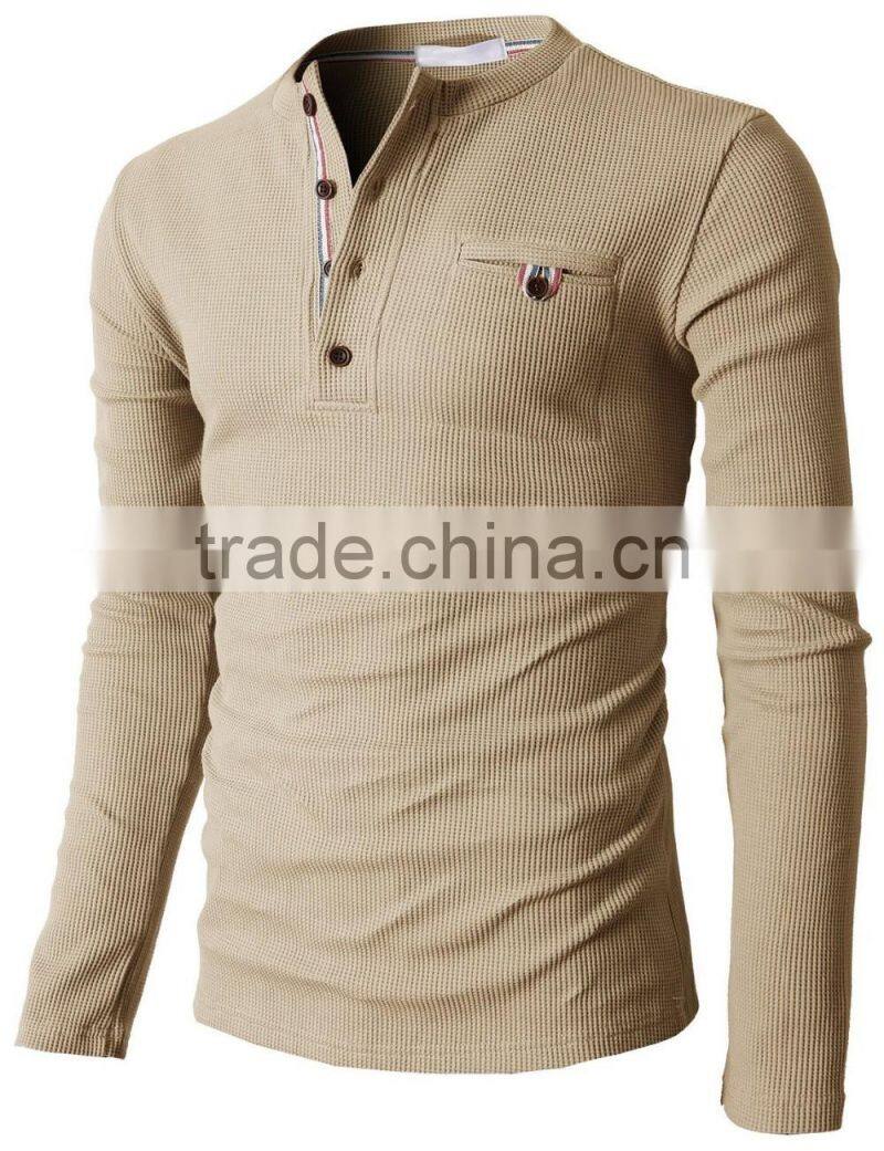 Mens Trendy Bound Pocket Waffle Cotton Knit Long Sleeve Henley Shirts